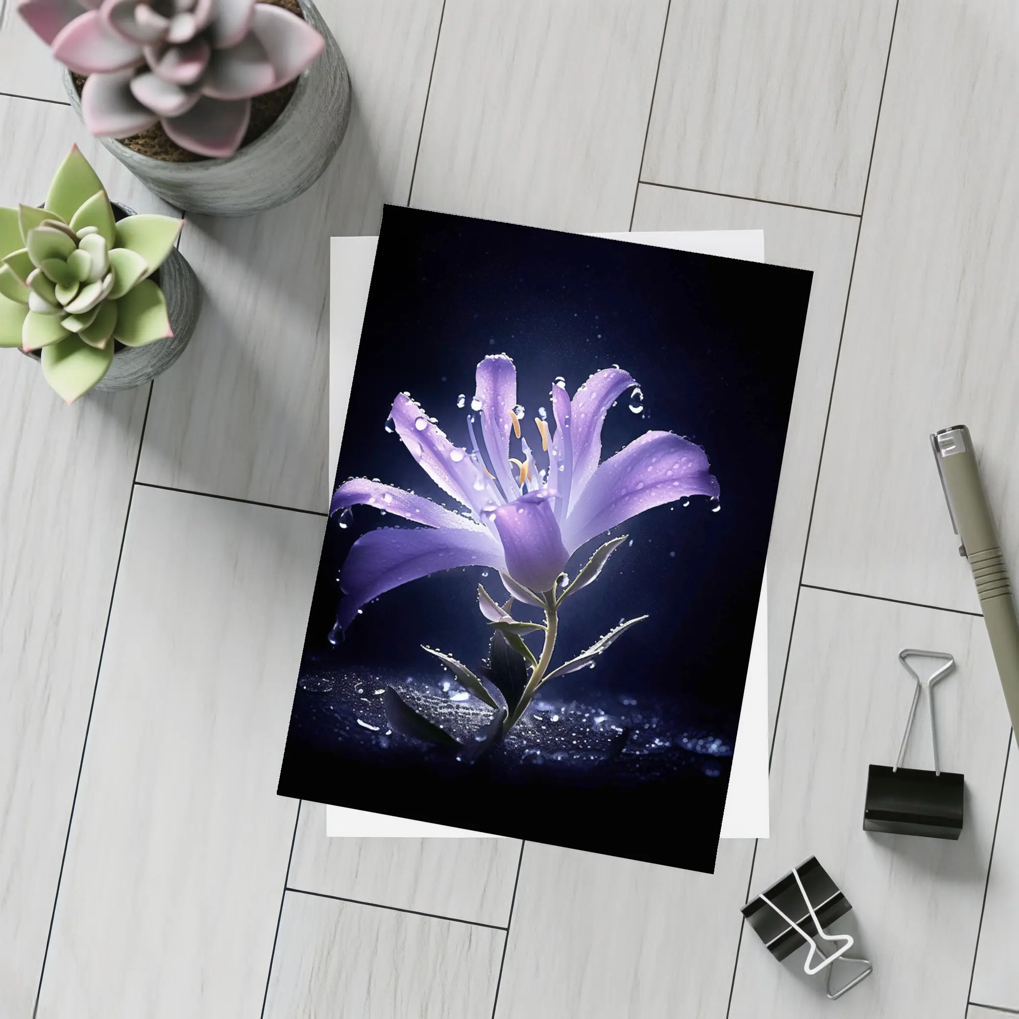 Purple Lily Flower Dark Black Background – Postcards