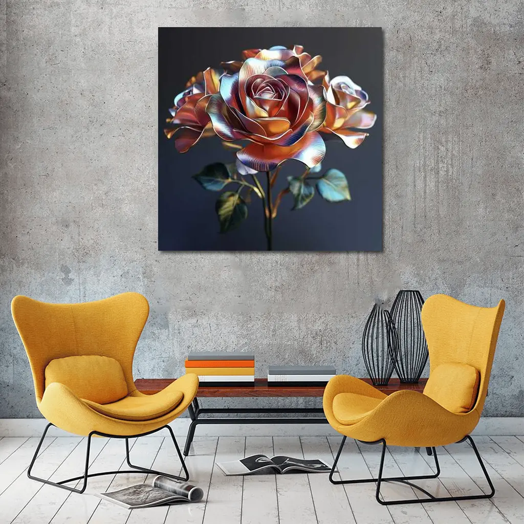 Metallic Rose Iridescent Petals Dark Background – Wall Art