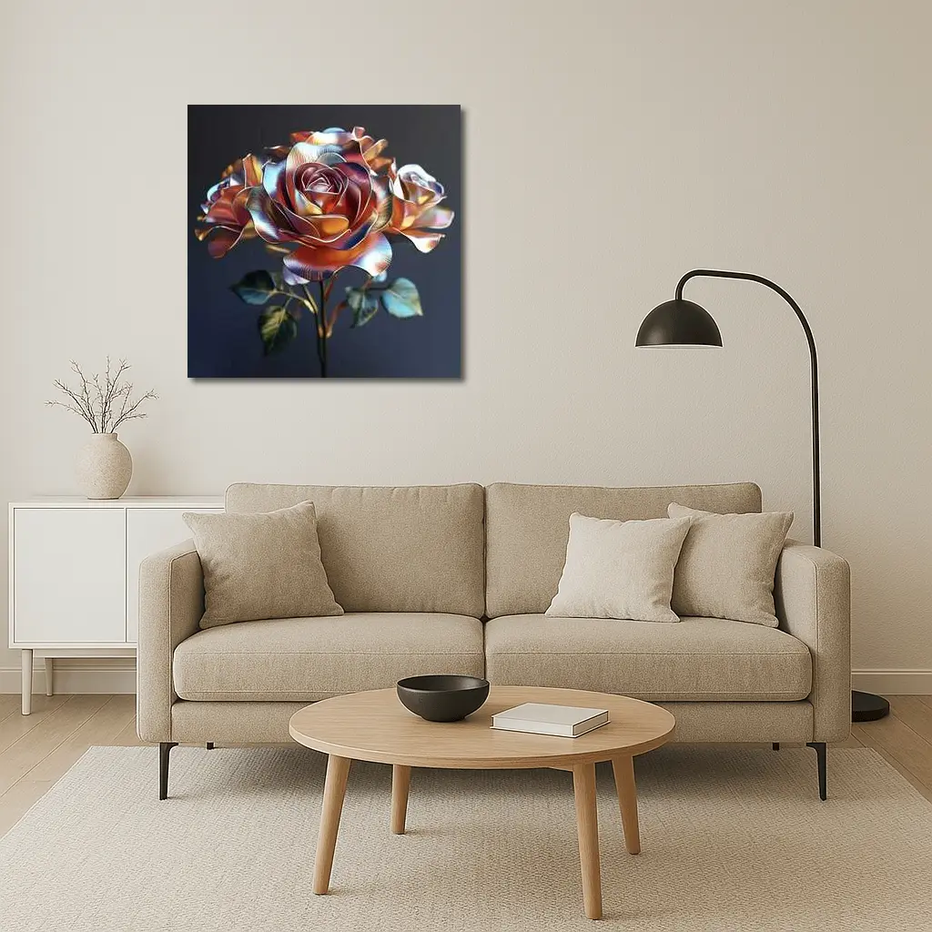 Metallic Rose Iridescent Petals Dark Background – Wall Art
