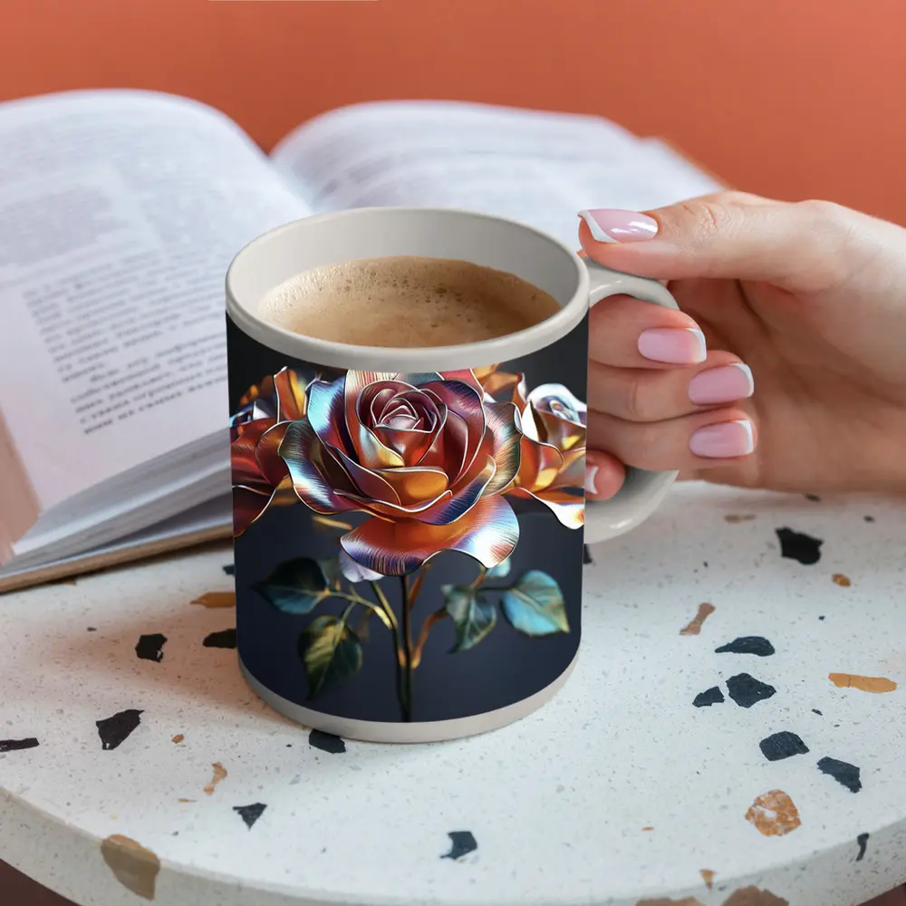 Metallic Rose Iridescent Petals Dark Background – Mugs