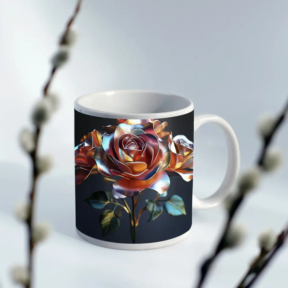 Metallic Rose Iridescent Petals Dark Background – Mugs