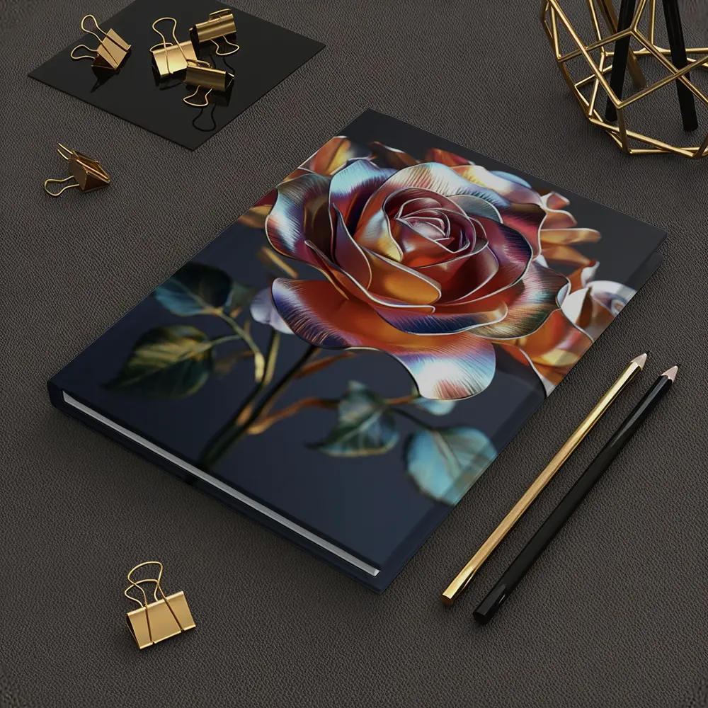 Metallic Rose Iridescent Petals Dark Background – Notebooks