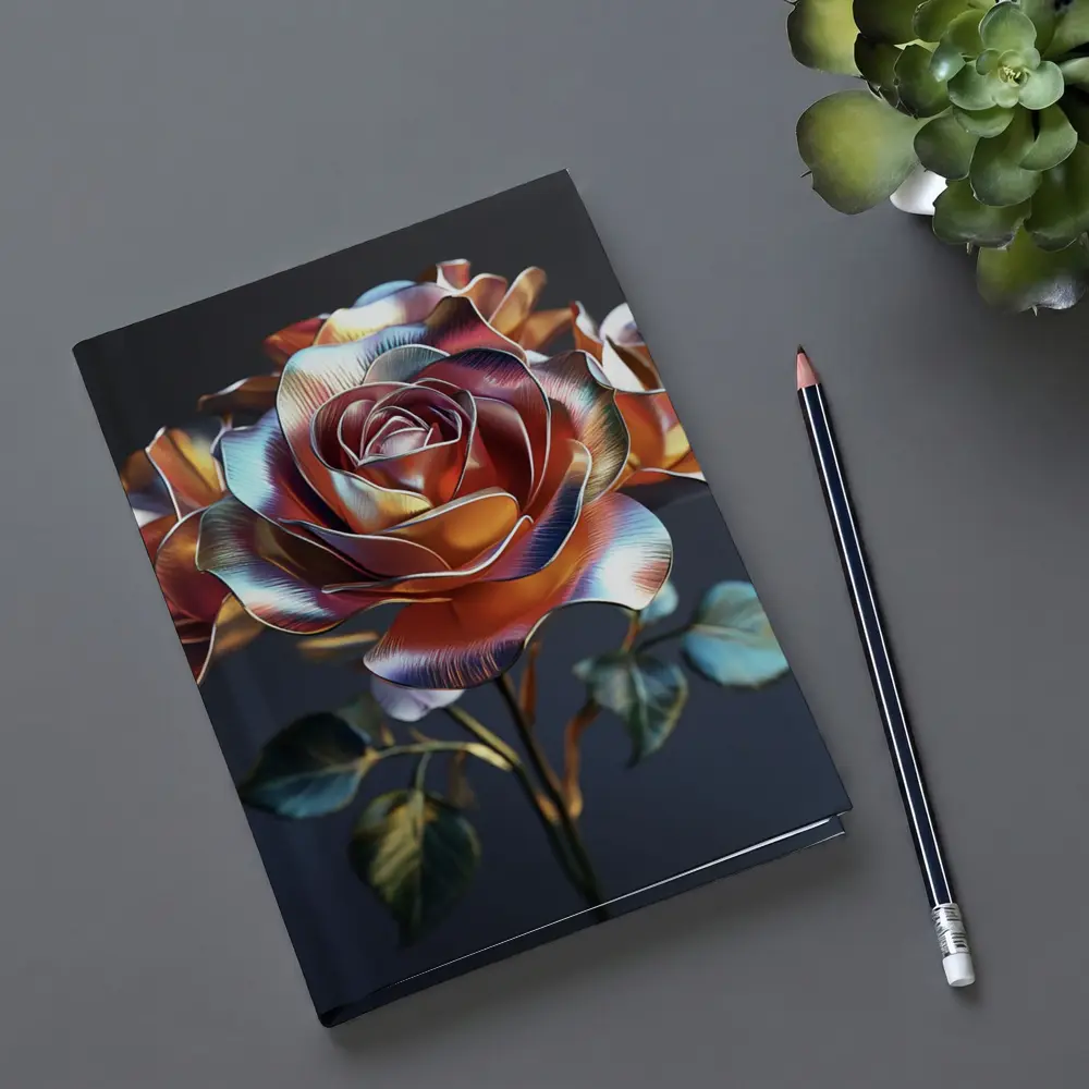 Metallic Rose Iridescent Petals Dark Background – Notebooks
