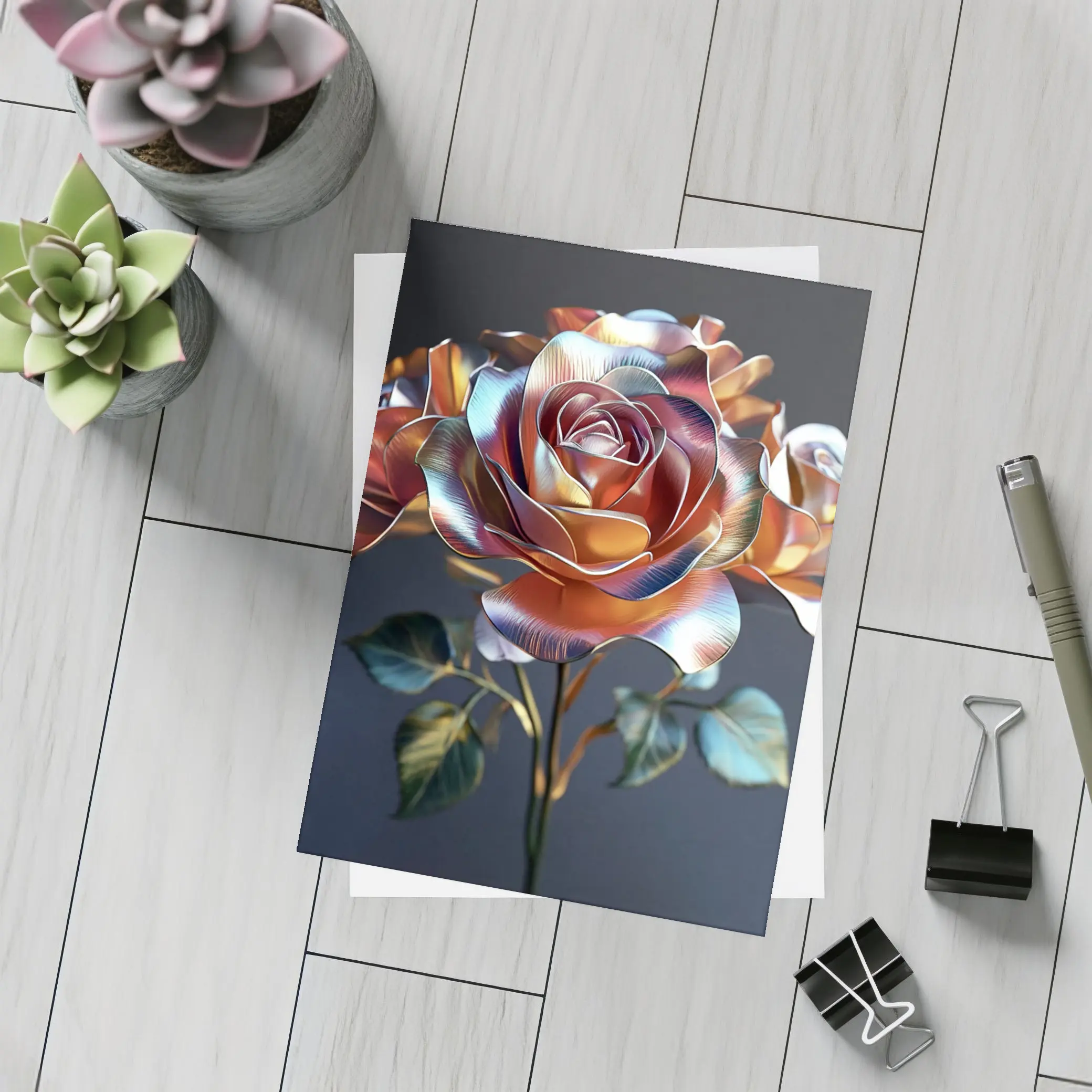 Metallic Rose Iridescent Petals Dark Background – Postcards