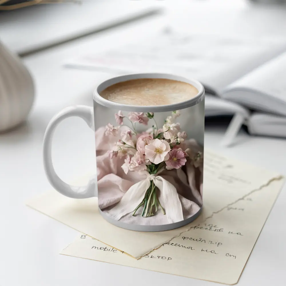 Pink Ranunculus Bouquet Soft Linen Background – Mugs