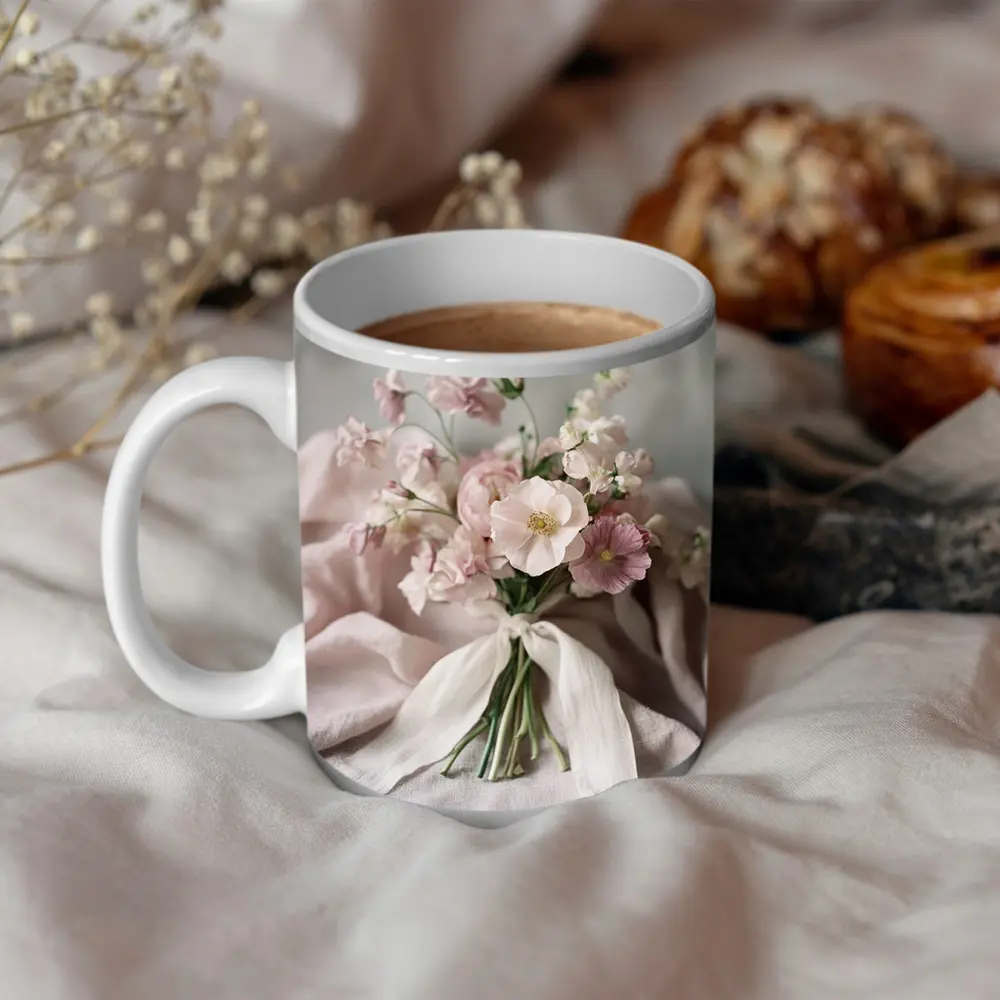 Pink Ranunculus Bouquet Soft Linen Background – Mugs