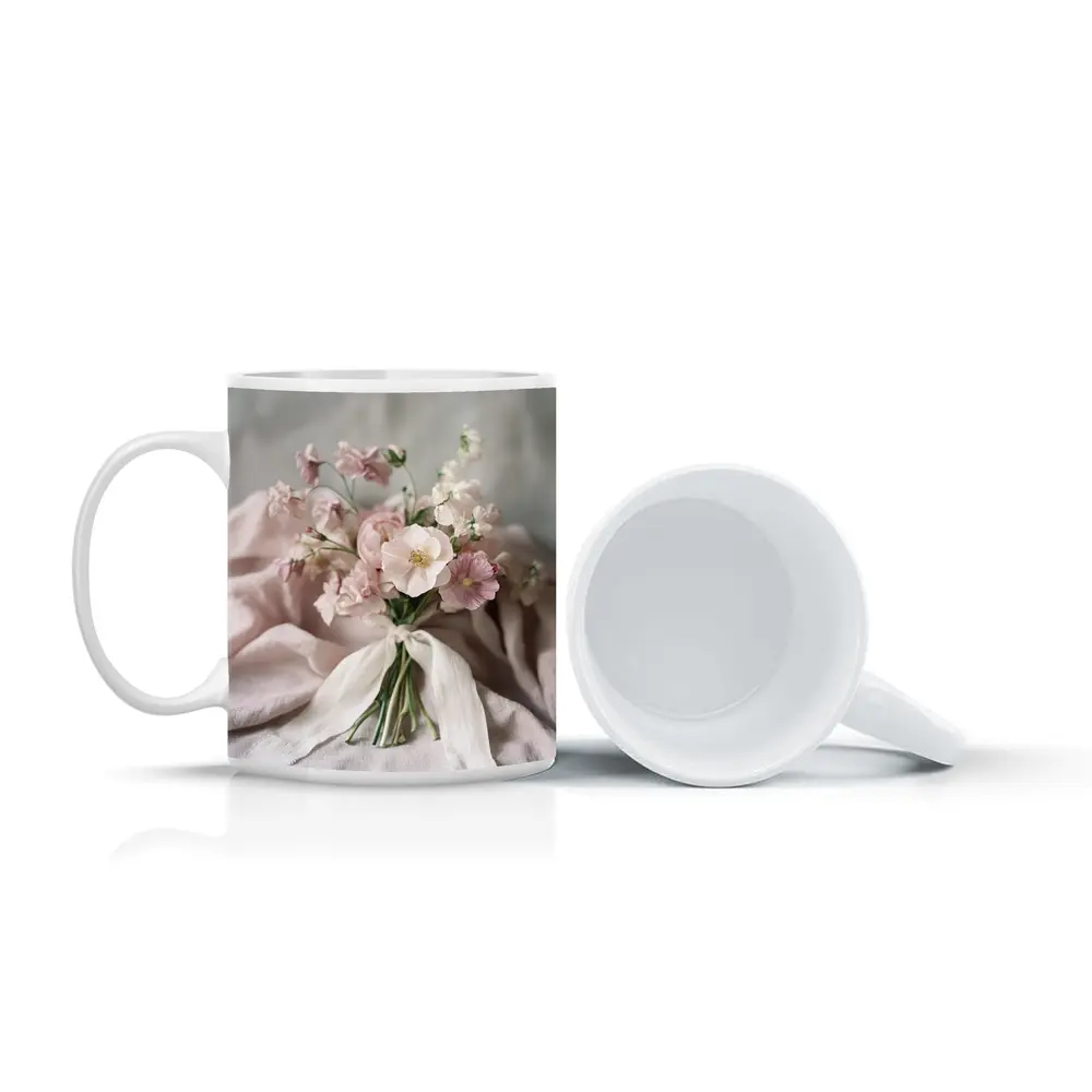 Pink Ranunculus Bouquet Soft Linen Background – Mugs