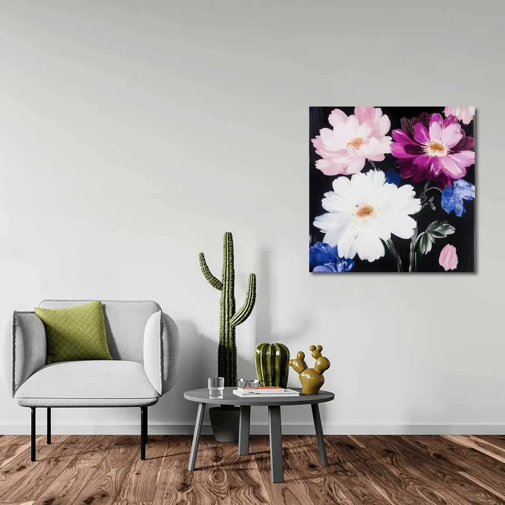 Pink White Purple Flowers Black Background Painting – Wall Art