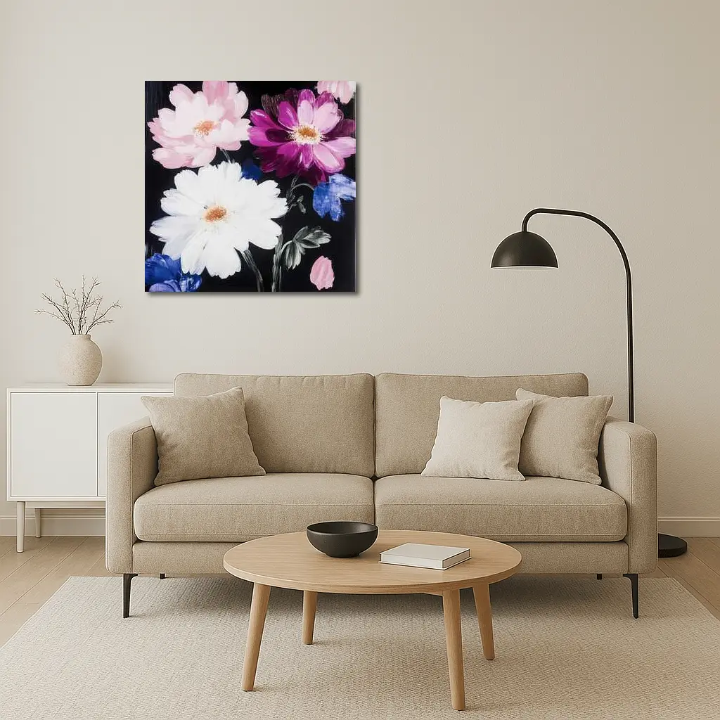Pink White Purple Flowers Black Background Painting – Wall Art
