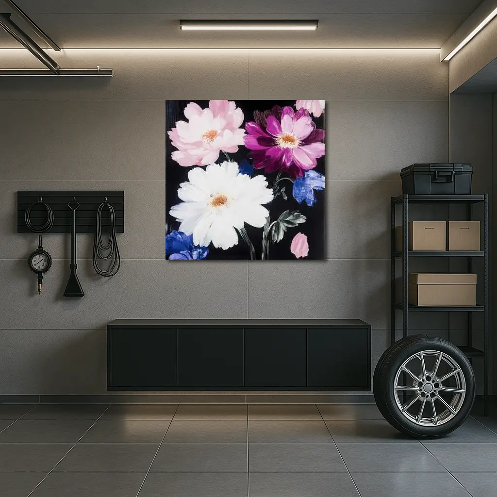 Pink White Purple Flowers Black Background Painting – Wall Art