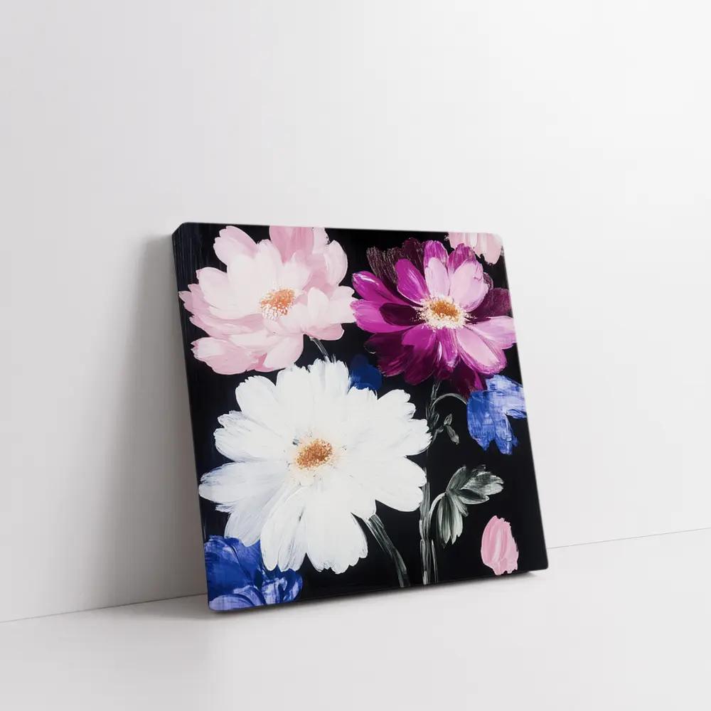 Pink White Purple Flowers Black Background Painting – Wall Art