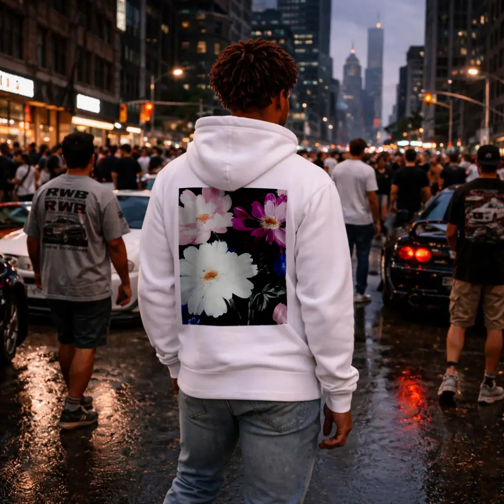 Pink White Purple Flowers Black Background Painting – Hoodies