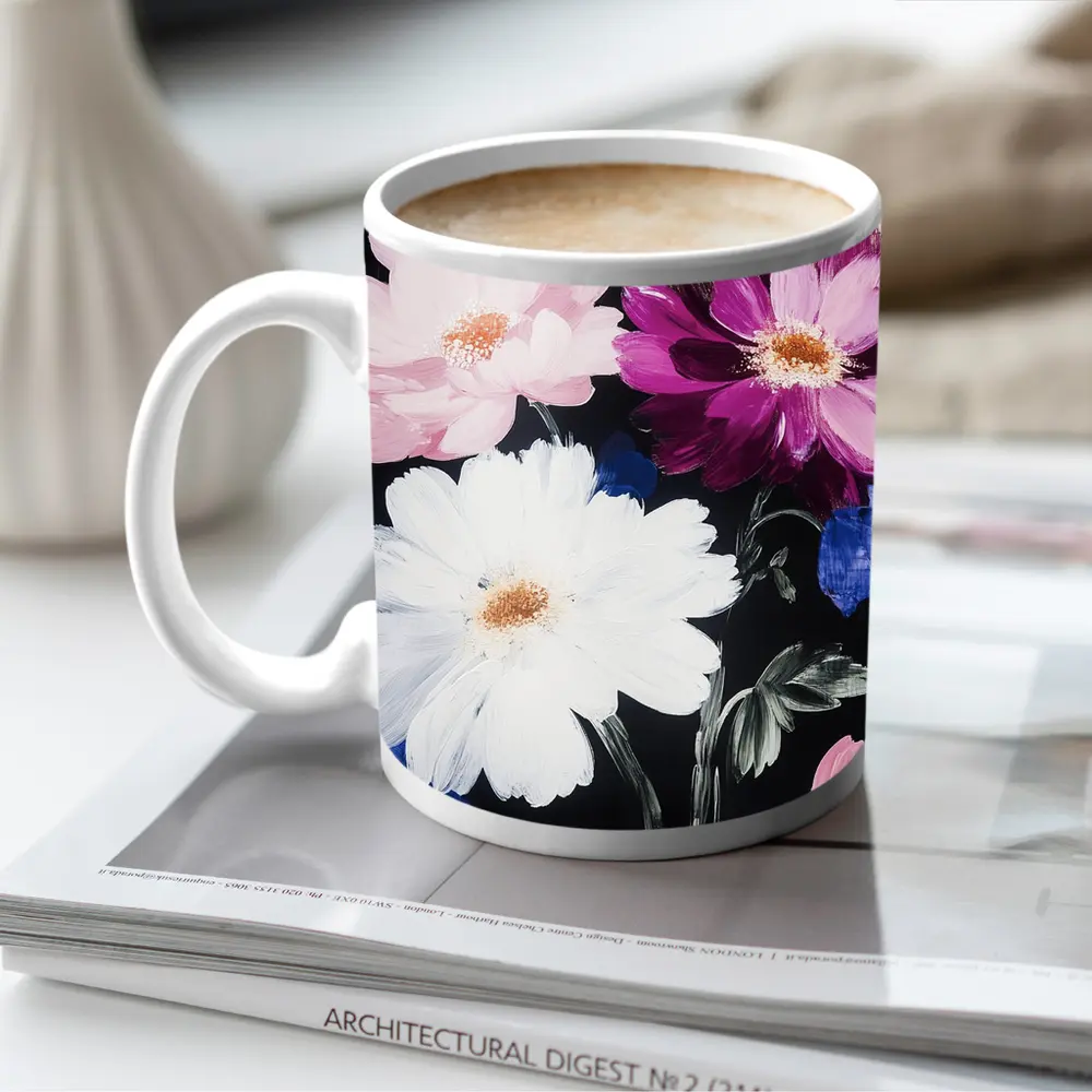Pink White Purple Flowers Black Background Painting – Mugs