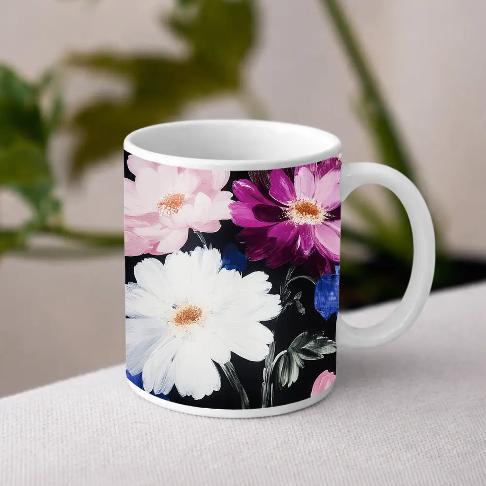 Pink White Purple Flowers Black Background Painting – Mugs