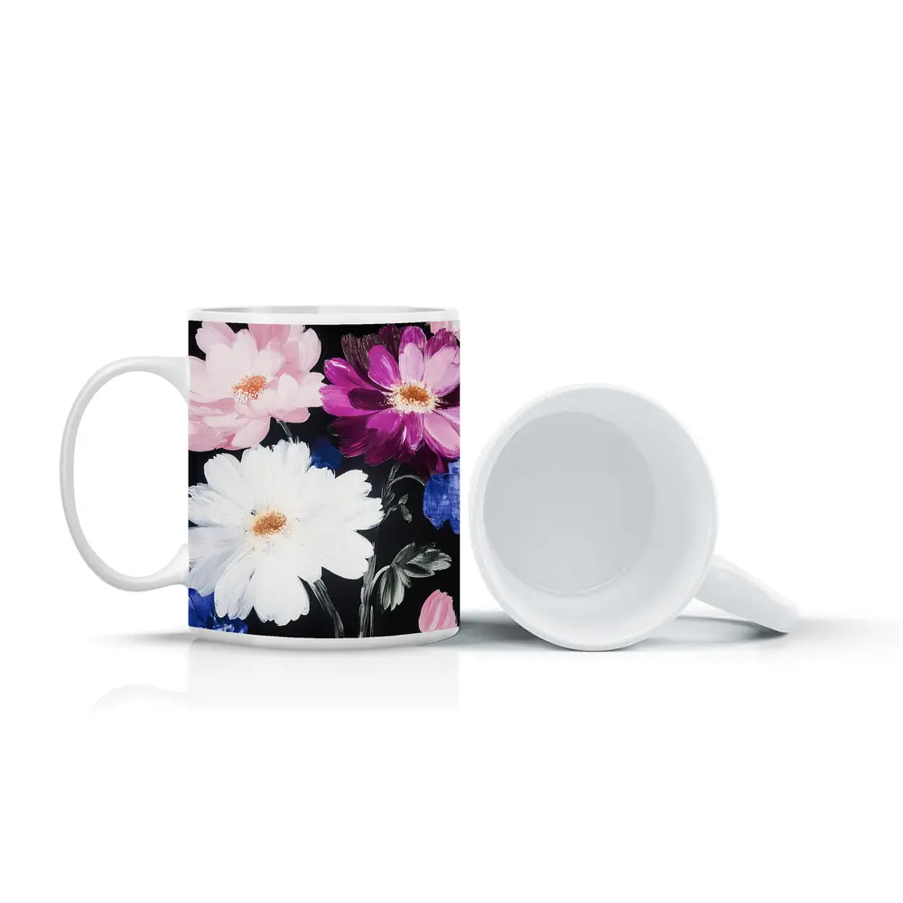 Pink White Purple Flowers Black Background Painting – Mugs