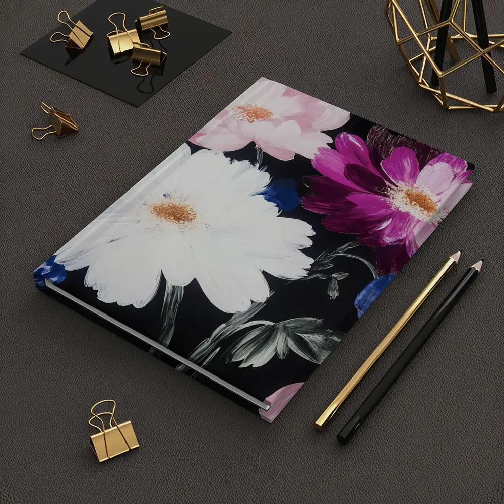Pink White Purple Flowers Black Background Painting – Notebooks