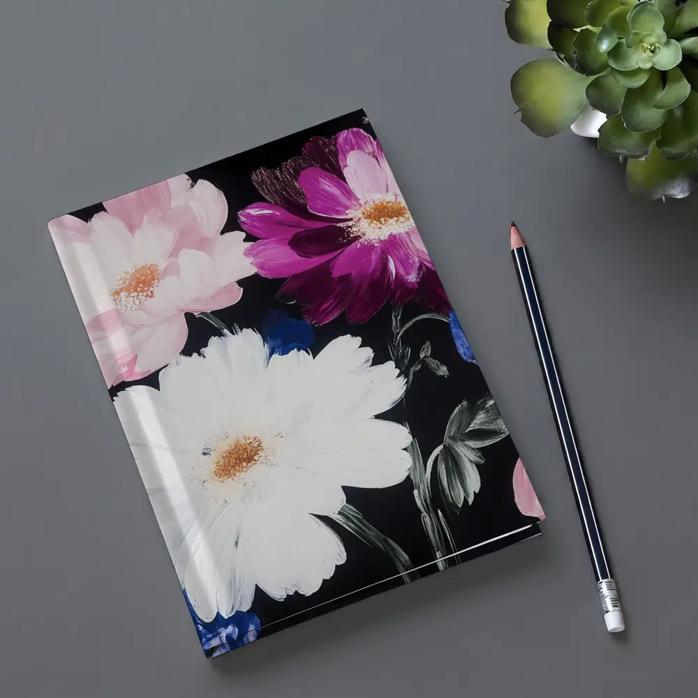 Pink White Purple Flowers Black Background Painting – Notebooks