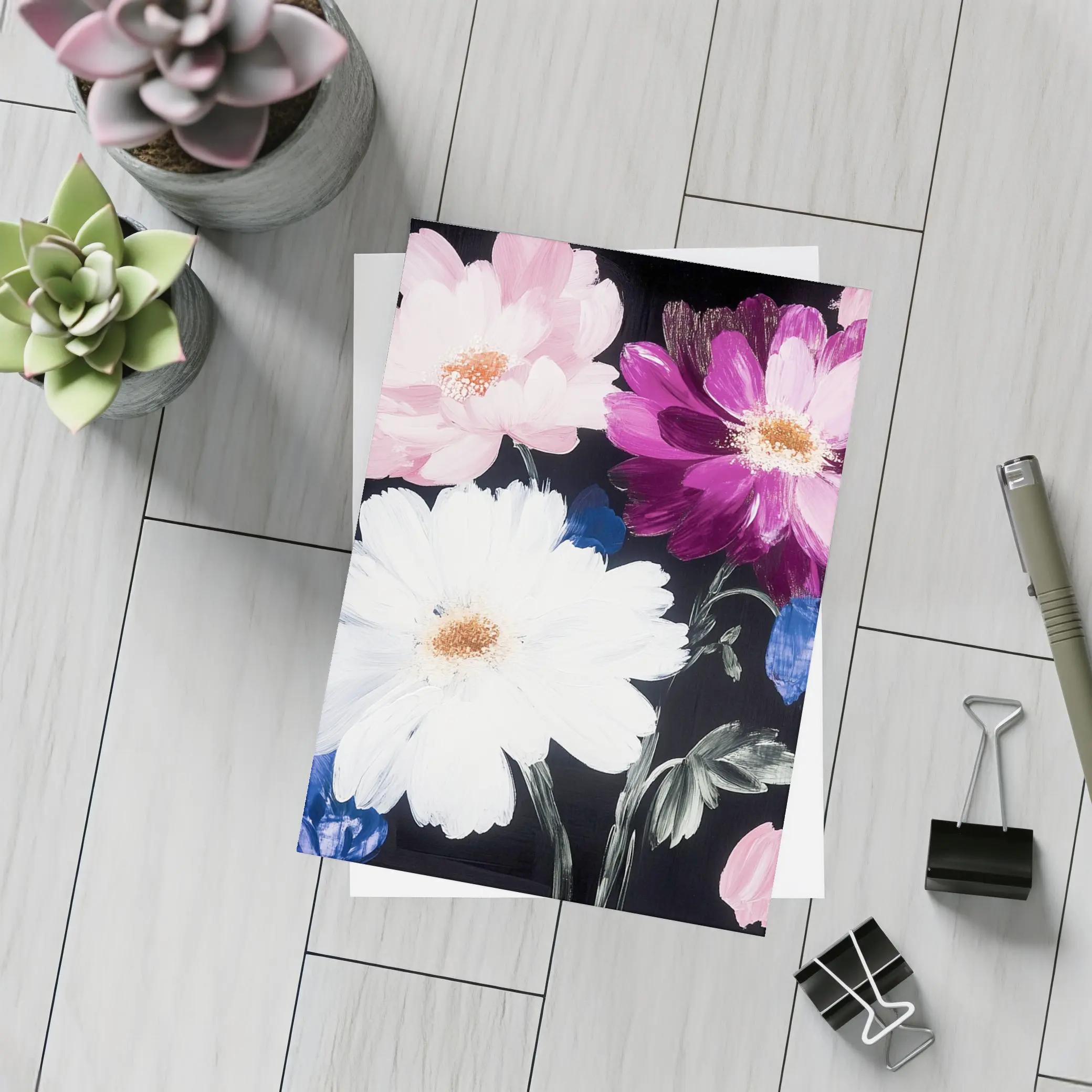 Pink White Purple Flowers Black Background Painting – Postcards