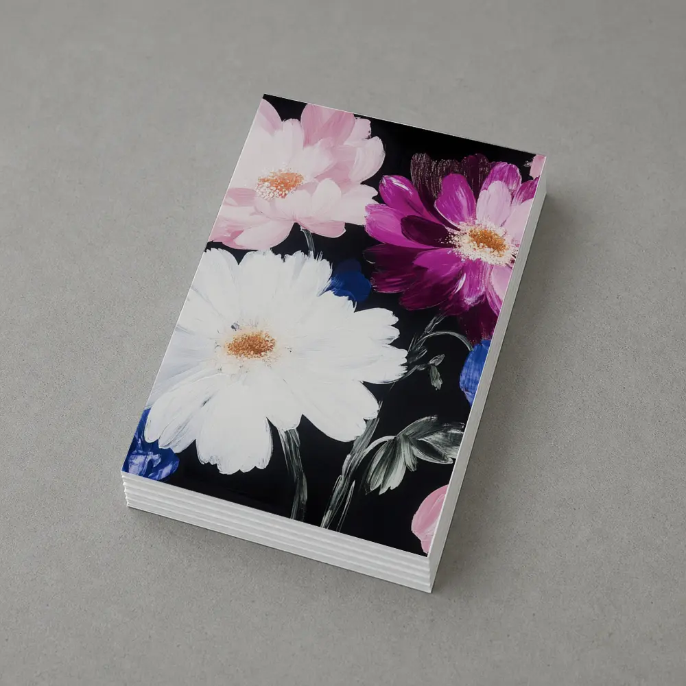 Pink White Purple Flowers Black Background Painting – Postcards