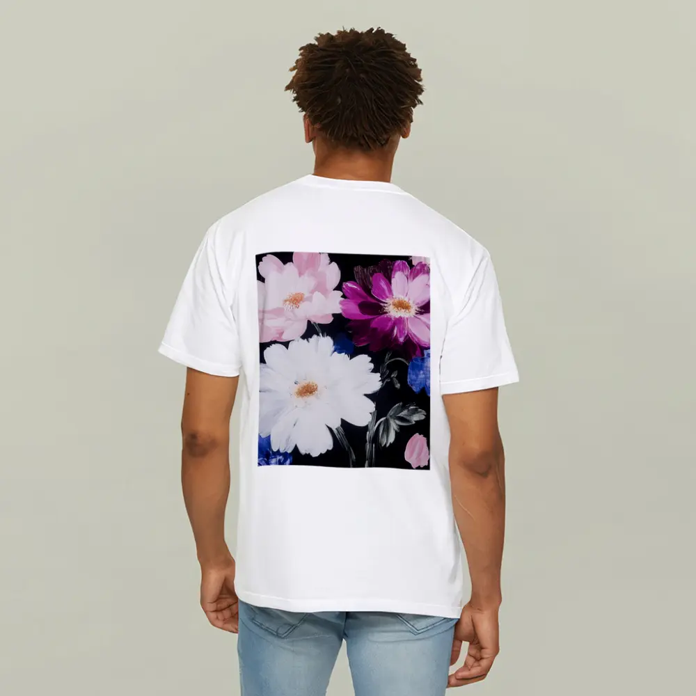 Pink White Purple Flowers Black Background Painting – T-Shirts