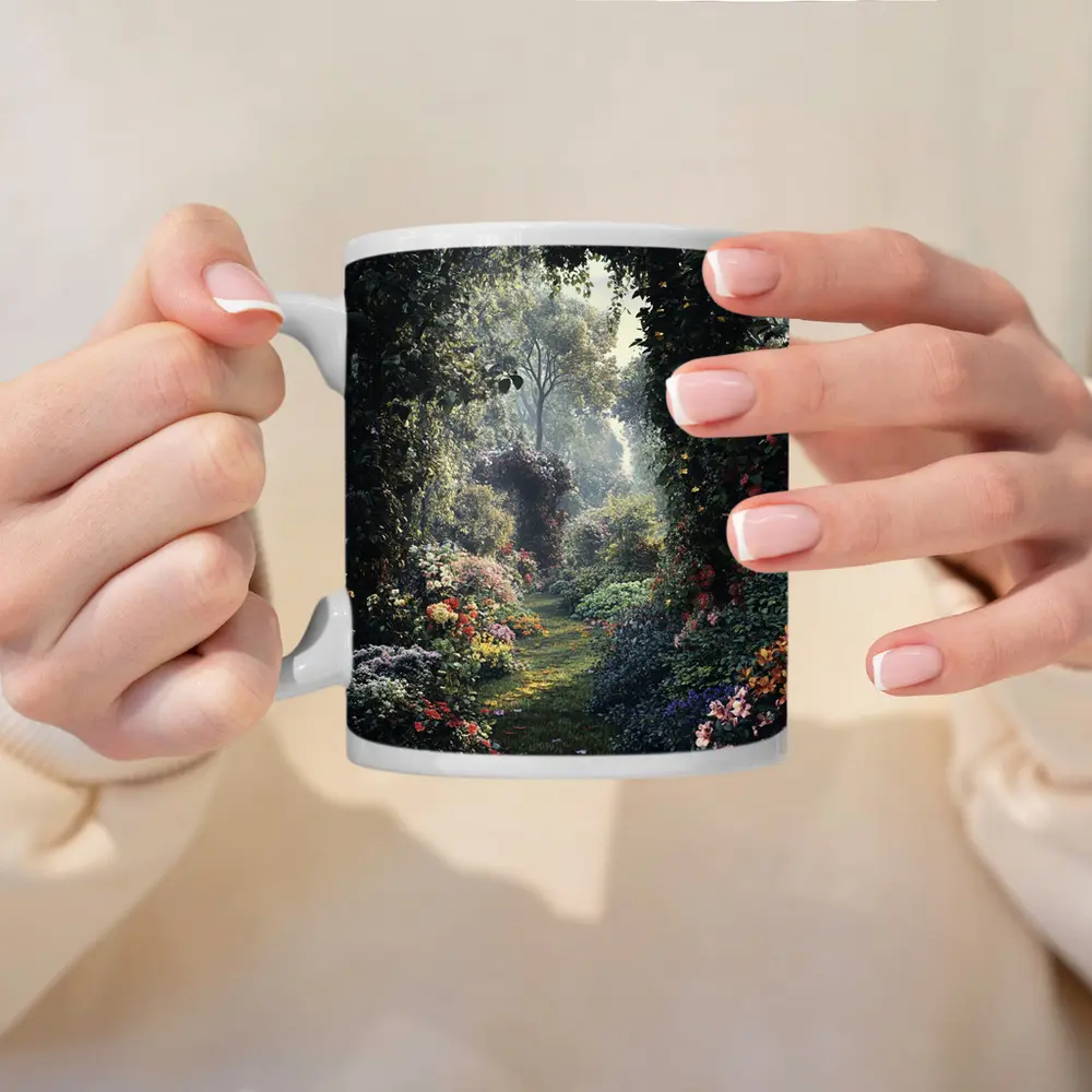 Lush Garden Path Through Flowering Trees – Mugs