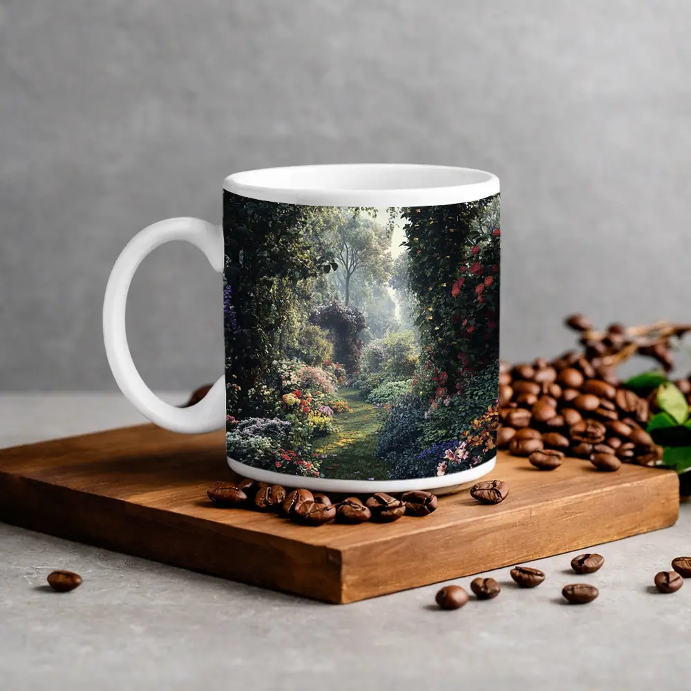 Lush Garden Path Through Flowering Trees – Mugs