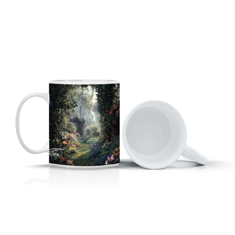Lush Garden Path Through Flowering Trees – Mugs