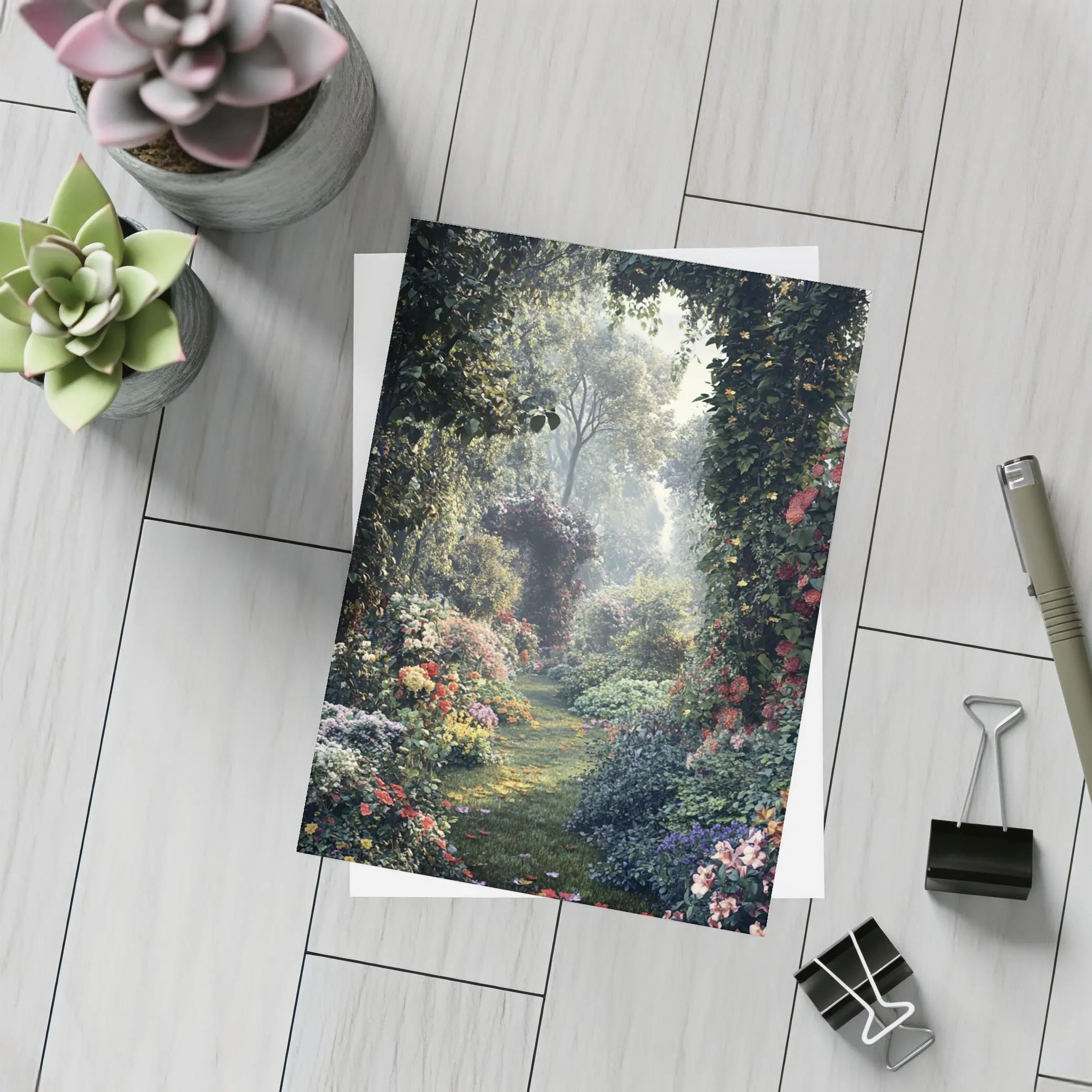 Lush Garden Path Through Flowering Trees – Postcards