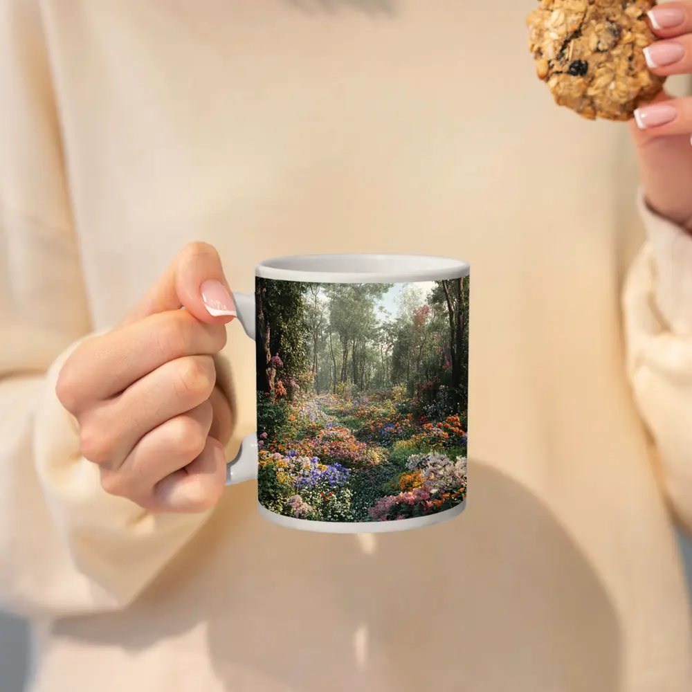 Colorful Wildflower Garden Path Through Forest – Mugs