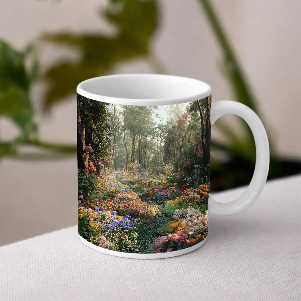 Colorful Wildflower Garden Path Through Forest – Mugs