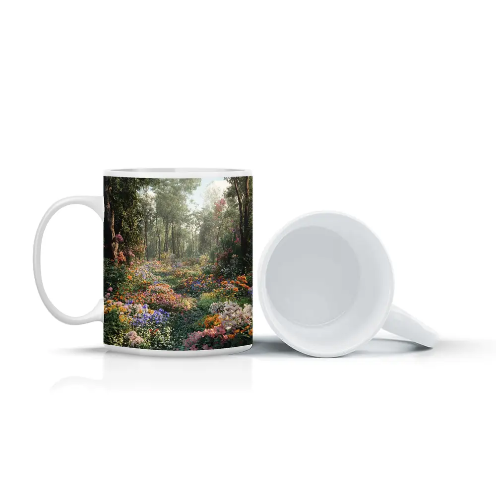 Colorful Wildflower Garden Path Through Forest – Mugs