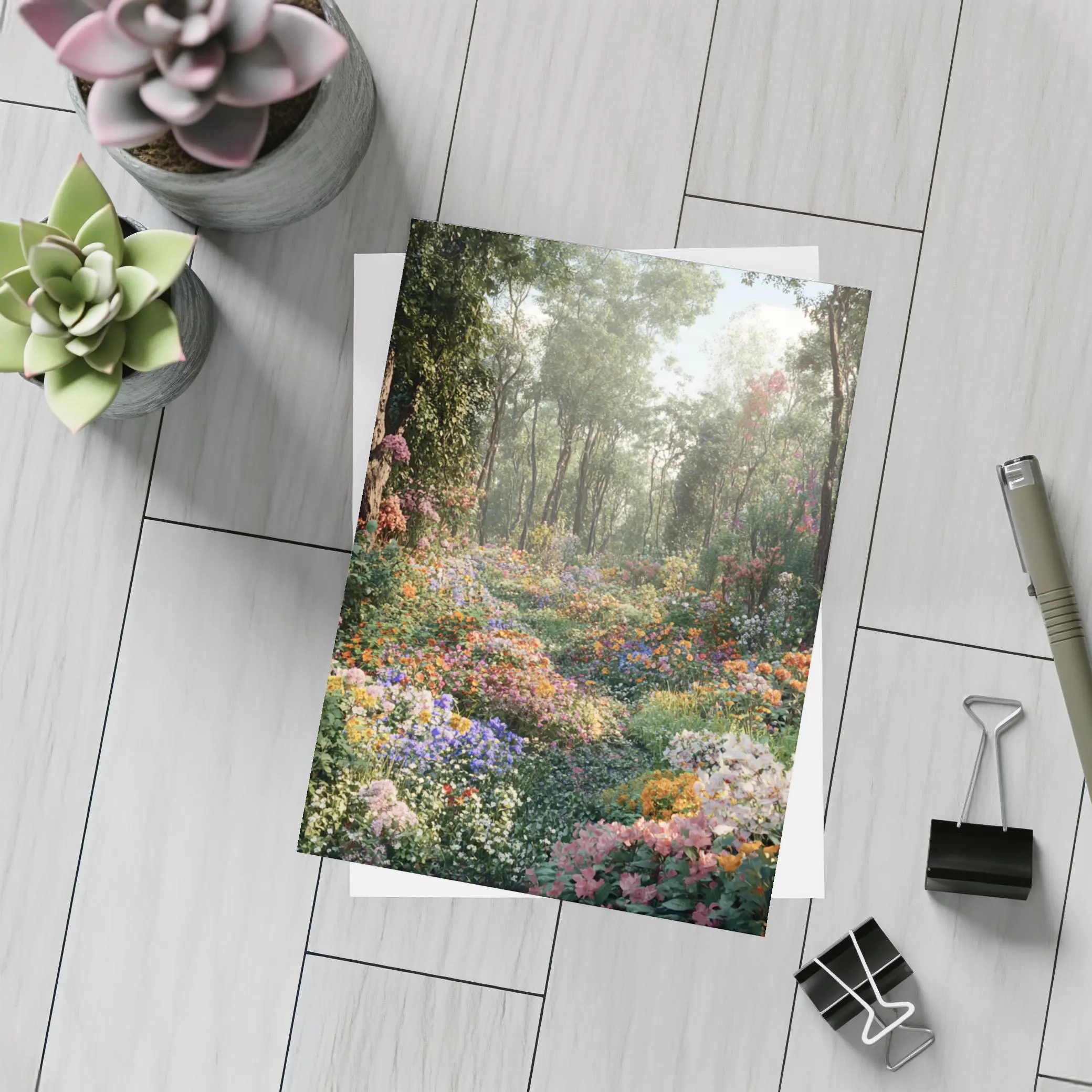Colorful Wildflower Garden Path Through Forest – Postcards