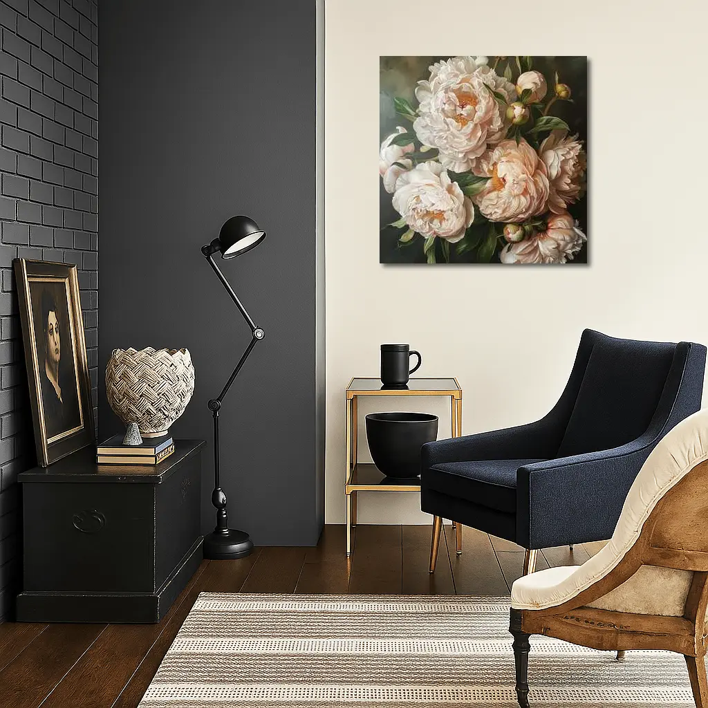 Blush Peony Blooms Dark Moody Background – Wall Art
