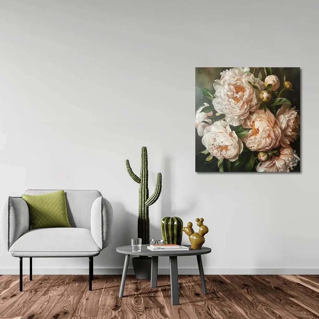 Blush Peony Blooms Dark Moody Background – Wall Art