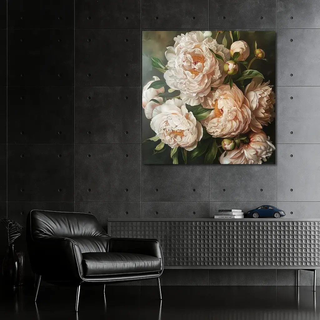 Blush Peony Blooms Dark Moody Background – Wall Art