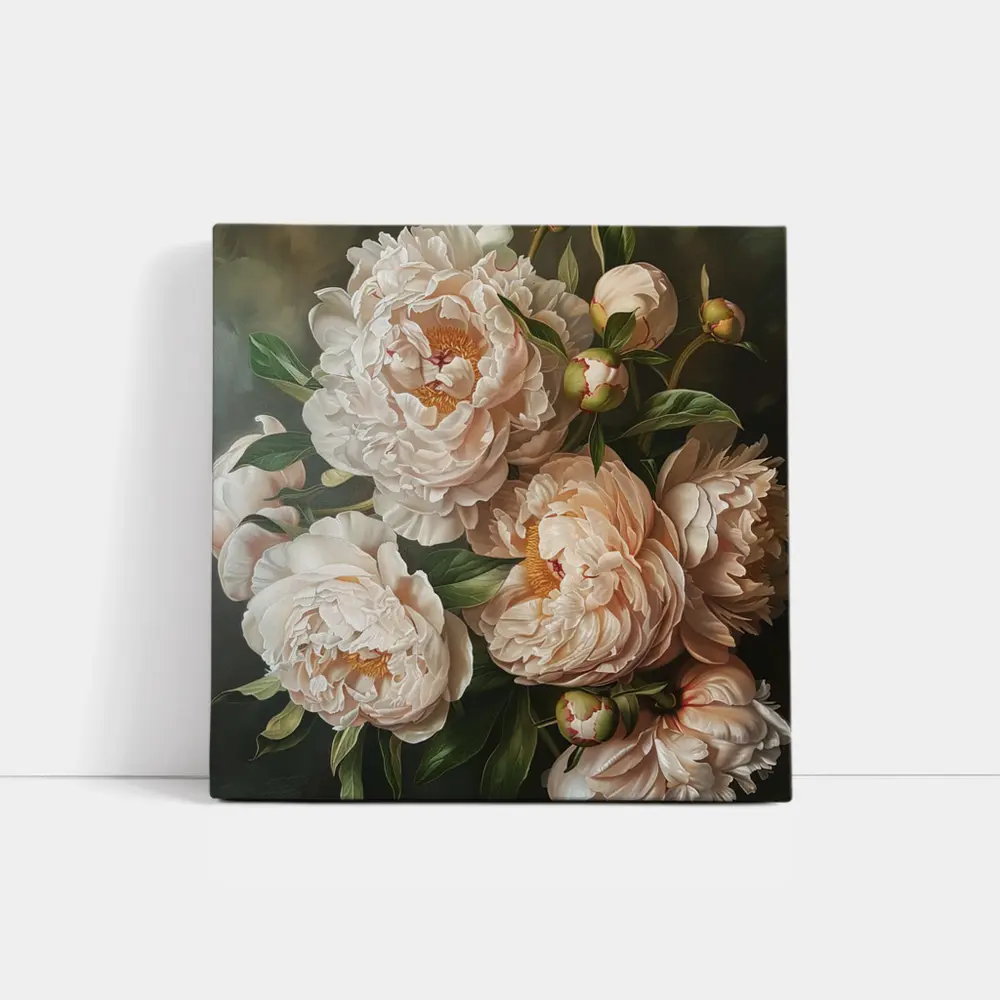 Blush Peony Blooms Dark Moody Background – Wall Art