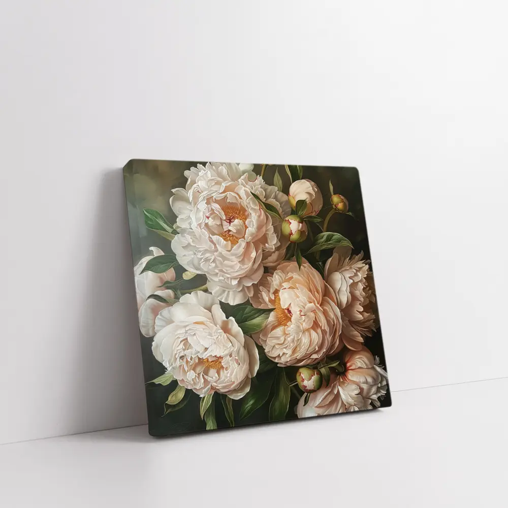 Blush Peony Blooms Dark Moody Background – Wall Art