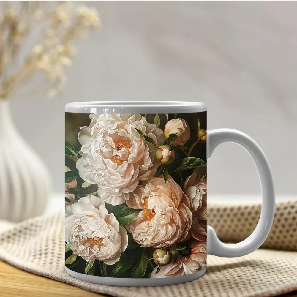 Blush Peony Blooms Dark Moody Background – Mugs