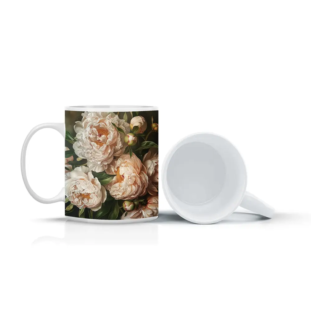 Blush Peony Blooms Dark Moody Background – Mugs