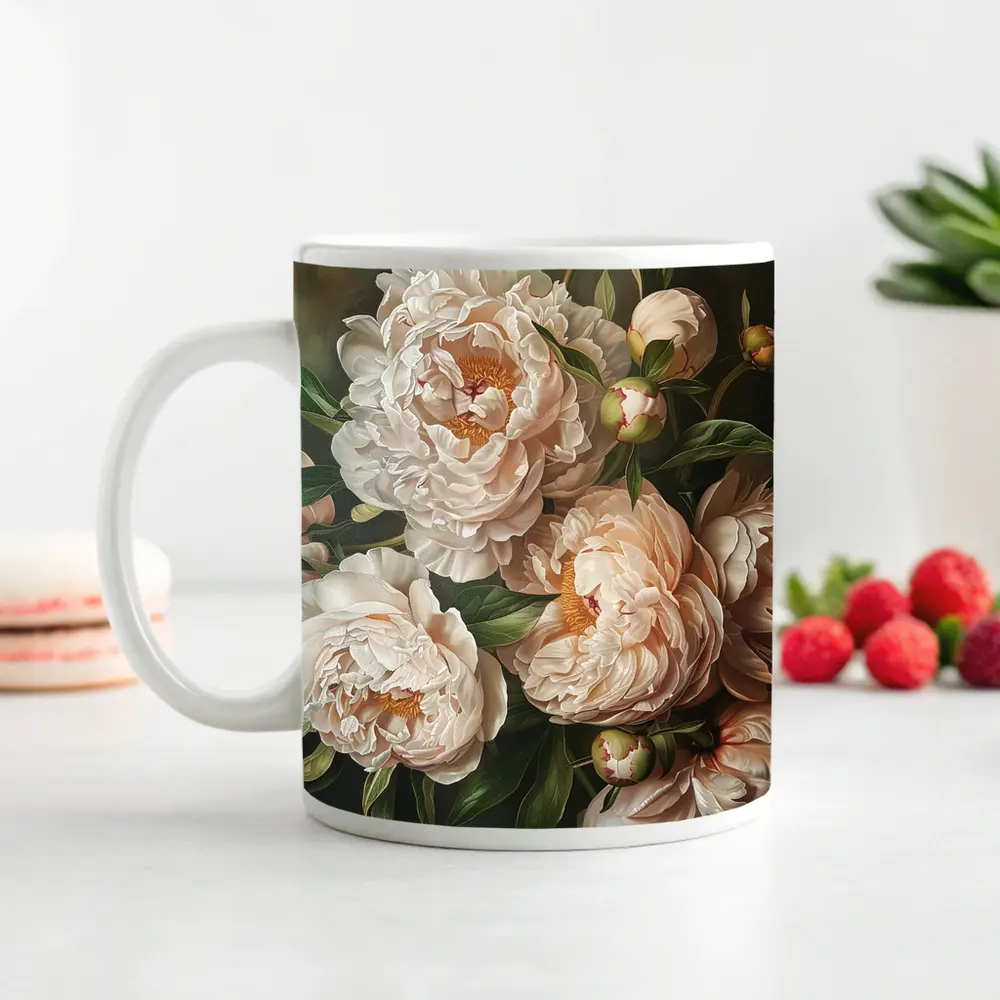 Blush Peony Blooms Dark Moody Background – Mugs