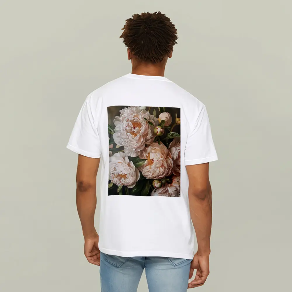 Blush Peony Blooms Dark Moody Background – T-Shirts