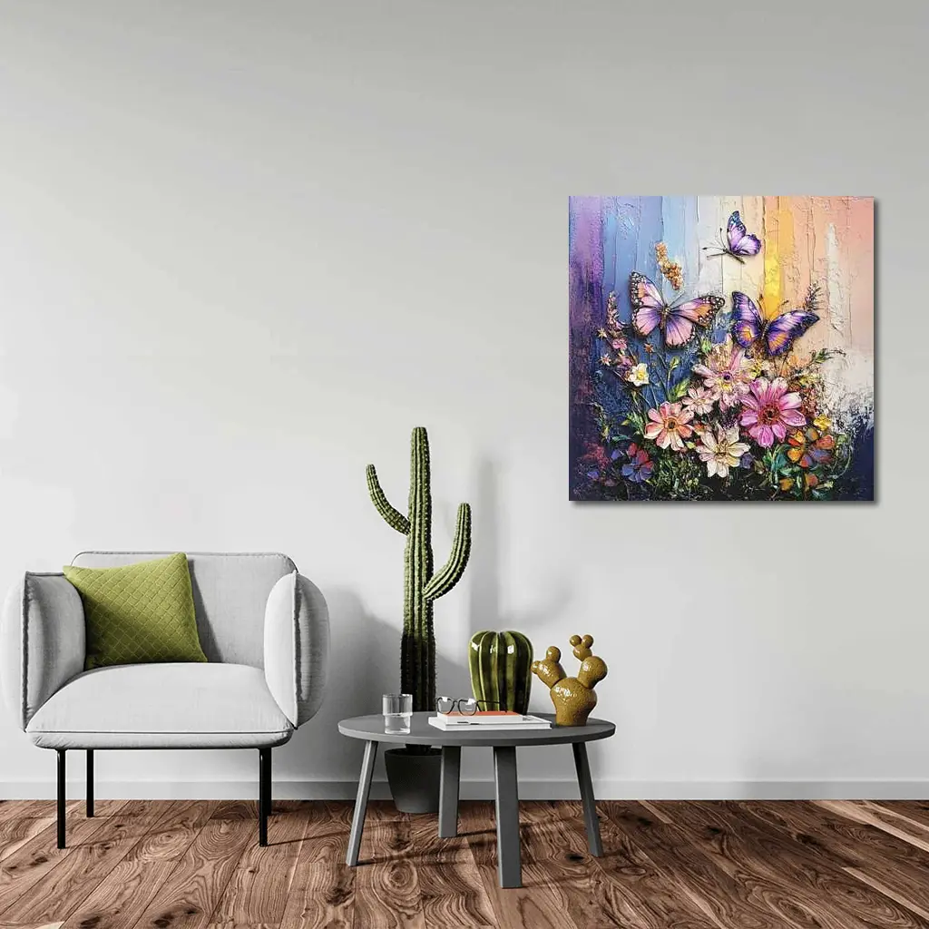 Purple Butterflies Over Pink Wildflowers Painting – Wall Art