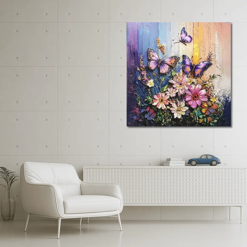 Purple Butterflies Over Pink Wildflowers Painting – Wall Art