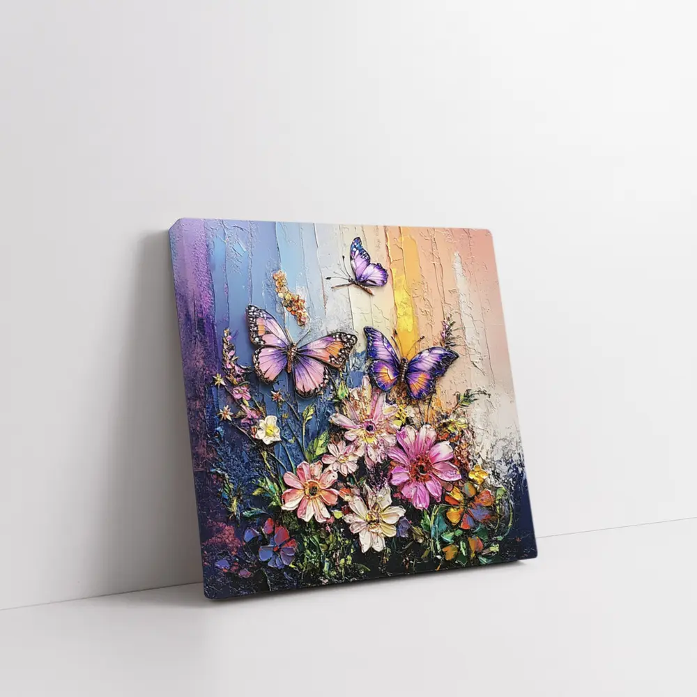 Purple Butterflies Over Pink Wildflowers Painting – Wall Art