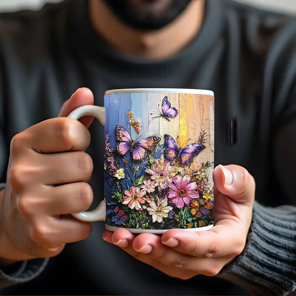 Purple Butterflies Over Pink Wildflowers Painting – Mugs