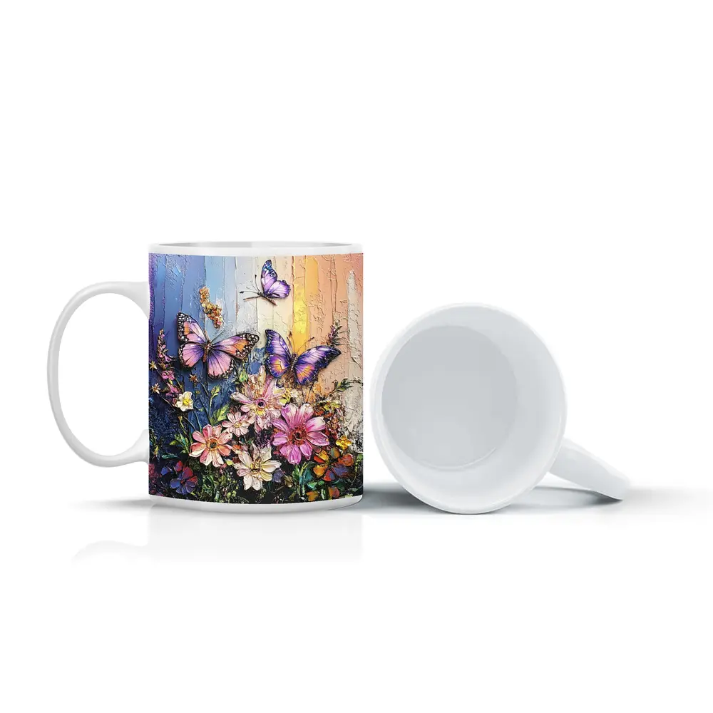 Purple Butterflies Over Pink Wildflowers Painting – Mugs