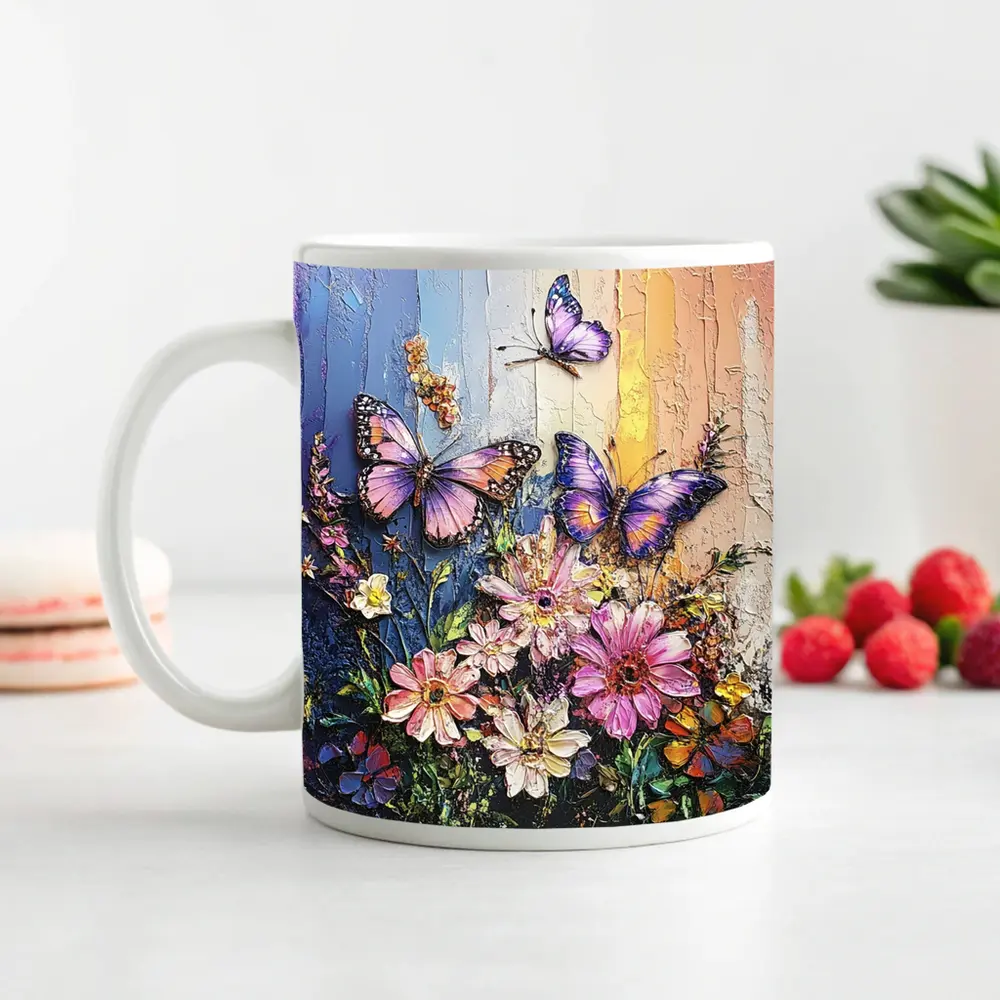 Purple Butterflies Over Pink Wildflowers Painting – Mugs