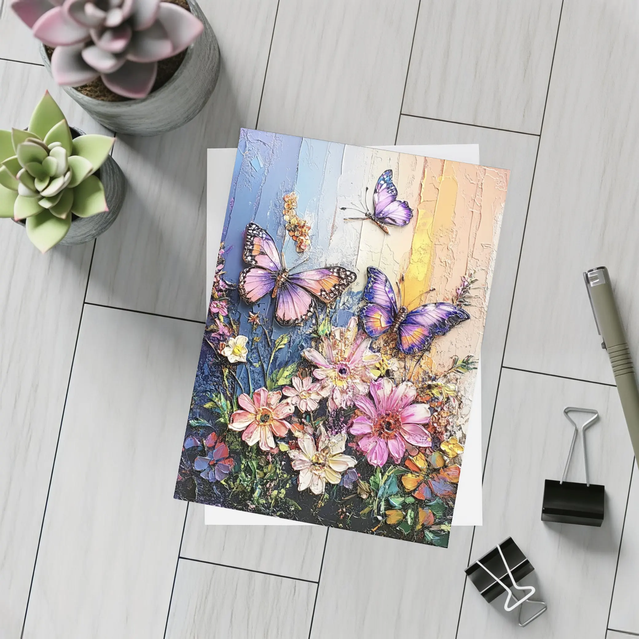 Purple Butterflies Over Pink Wildflowers Painting – Postcards