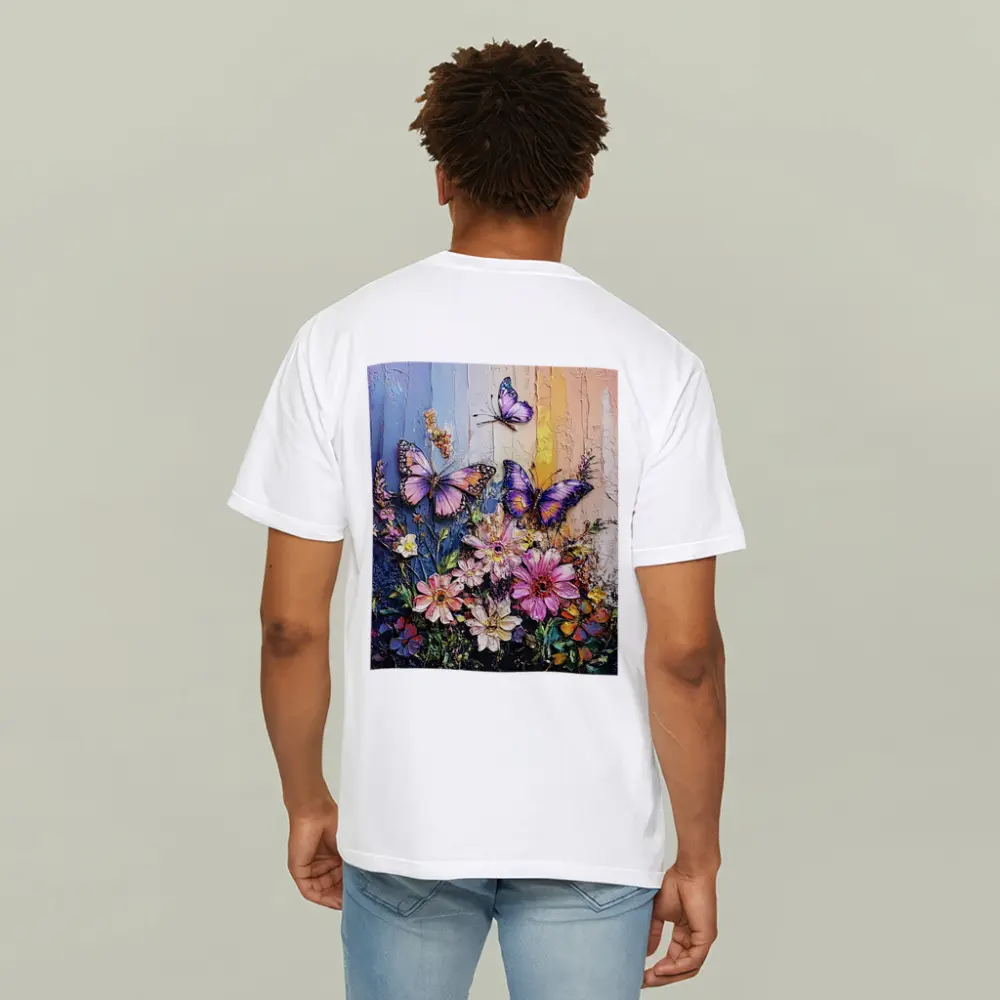 Purple Butterflies Over Pink Wildflowers Painting – T-Shirts