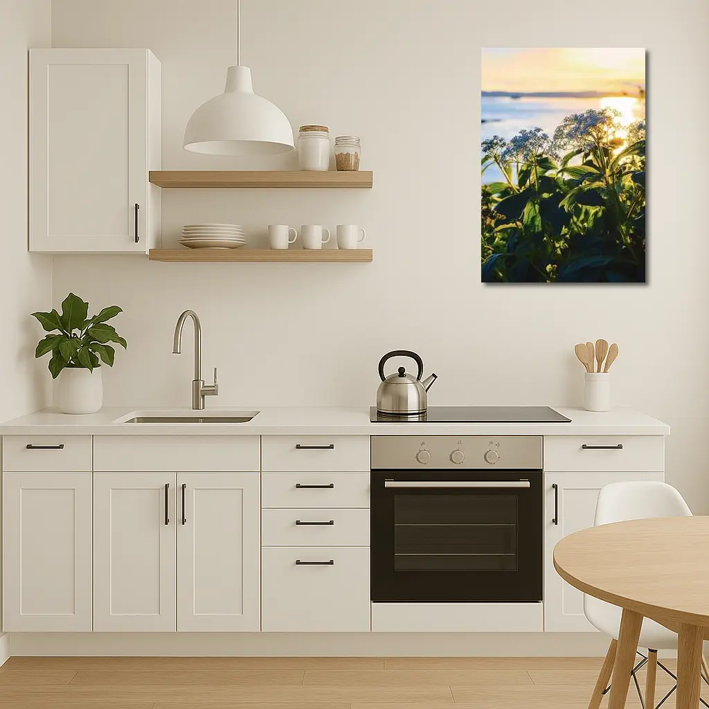Blue Wildflowers Glowing Coastal Sunset Scene – Wall Art